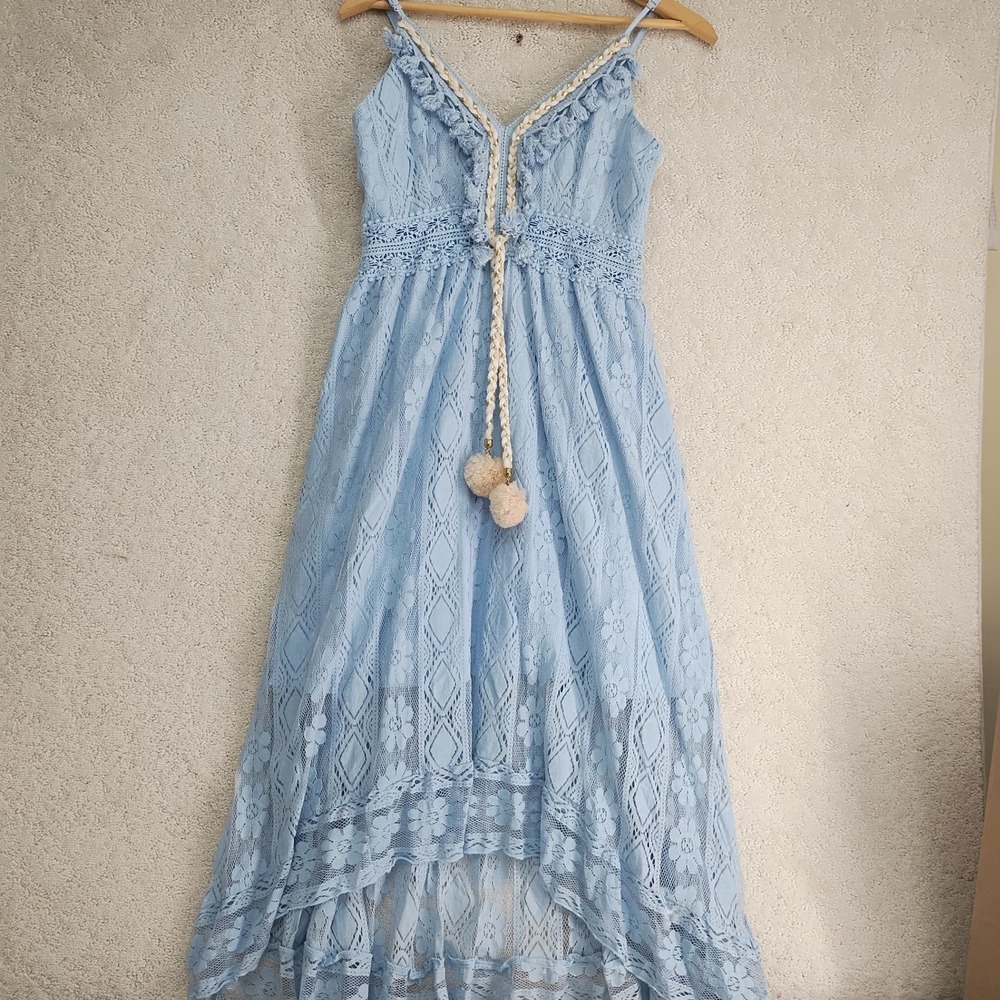 Cupshe Dress Womens Lace Maxi Smocked V-Neck Blue Pom Pom Tassel Boho Spaghetti